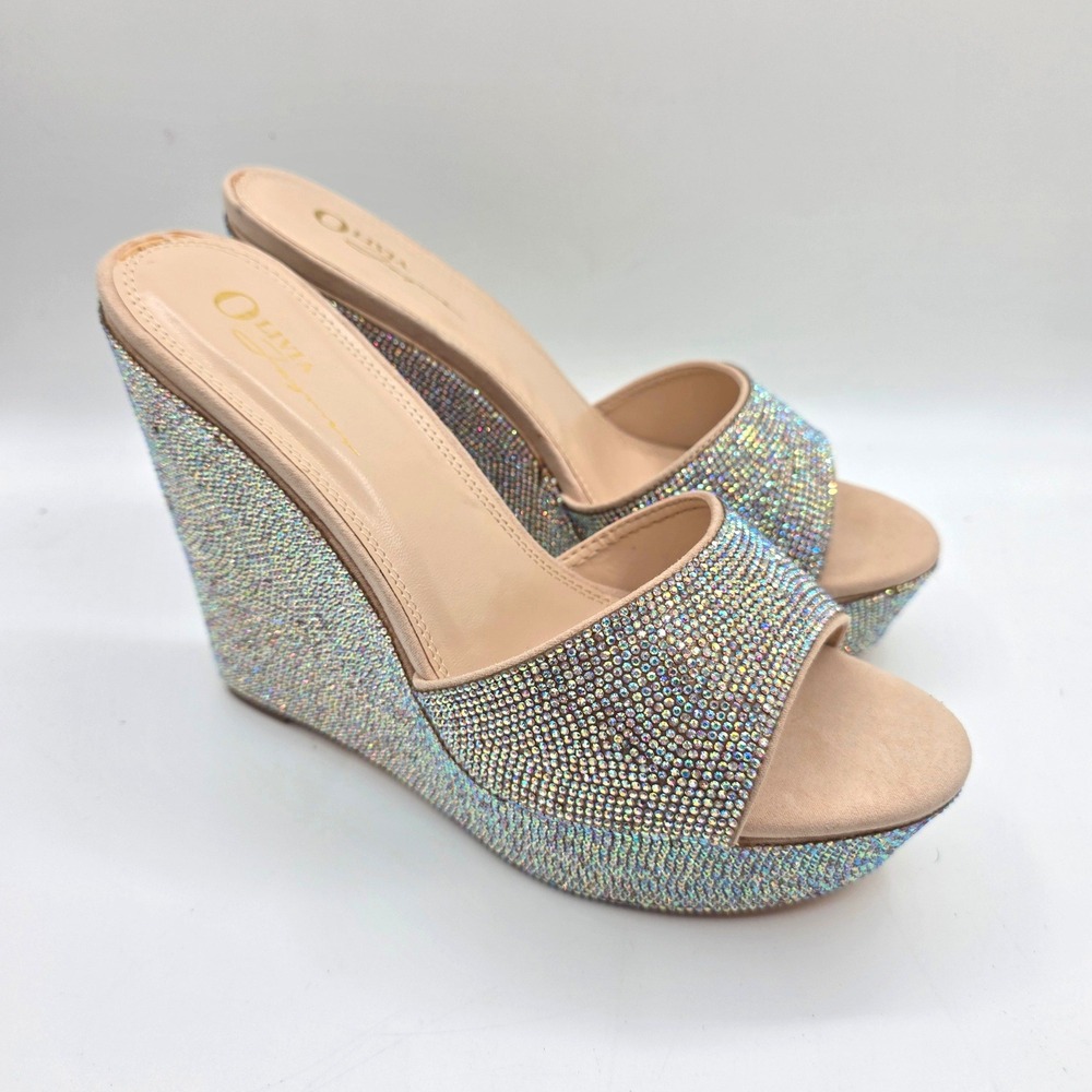 Olivia Jaymes Alina Nude Suede Rhinestone Wedge Sandals Womens 10